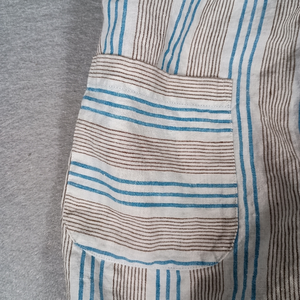 J. Jill Love Linen Dress Blue & Brown Stripes Patch Pockets Size M 100% Linen - Picture 6 of 7